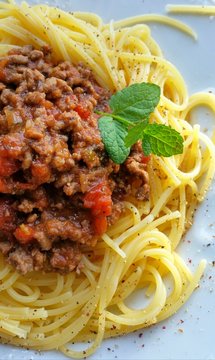 spaghetti with tomato sauce and basil