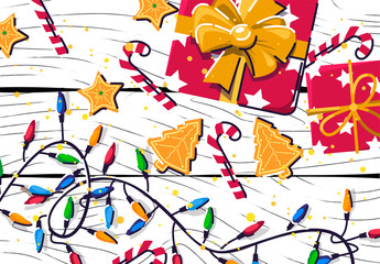 Vector illustration of Christmas banner with Christmas gifts and multicolored garland, Christmas cookies with candy, top view, on white wooden texture