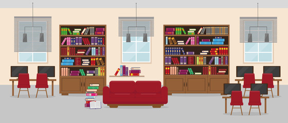 Library detailed interior in flat style.