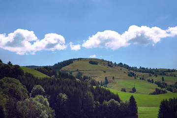 Fototapeta na wymiar Idyllic view on Schwarzwald mountain in summer day. Hill with meadows and blue sky with clouds. Black Forest summer panorama. Germany