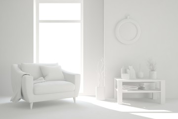 Mock up of stylish room in white color with armchair. Scandinavian interior design. 3D illustration