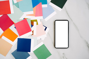 Smartphone mockup with fashion colour swatches. Color trend palette.