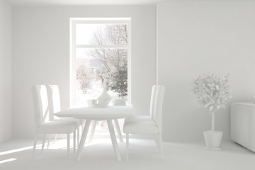 White stylish minimalist dinner room with winter landscape in window. Scandinavian interior design. 3D illustration