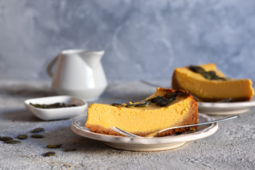 Slice of pumpkin cheesecake with seeds on a concrete gray background. Horizontal focus.
