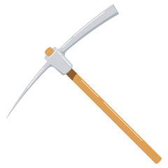 Wooden pickaxe with iron tip flat design icon isolated on white background.
