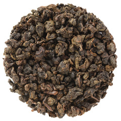 High grade dry leaf tea in round shape. Mingjian Organic Master Spring Charcoal Roasted Oolong Tea isolated on white background