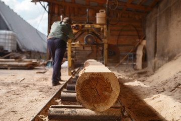 Joiner works on woodworking machine, lumbering