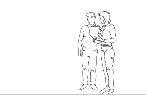 Continuous Line Drawing Of Man And Woman Discussing Work