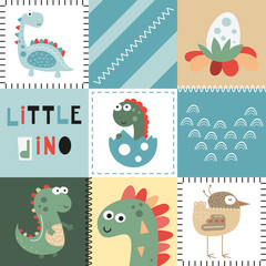 Childish seamless pattern with hand drawn dinosaurs in scandinavian style. Vector Illustration. Kids illustration for nursery. Dino style trendy for baby clothes, wrapping paper. Patchwork design.