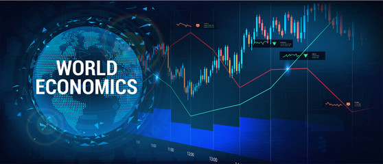 Stock market, forex and world investment with 3D Earth Globe and graphic and charts elements. Financial investment and economic trends. Trading Platform. Business design, economic artwork. Vector  - obrazy, fototapety, plakaty