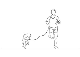 one line drawing of man running with dog