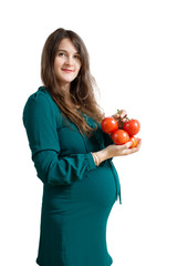 Pregnant woman holding potato. Pregnant with vegetable on white background. Isolated pregnancy photo. 