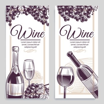 Sketch wine banners. Classical alcoholic drink bottle and wineglasses grapes flayers, invitation cards, promotion labels vector set