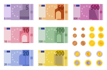 Euro banknotes. European banks financing, paper euro and dollar money and coins of different denominations, business banking vector element - obrazy, fototapety, plakaty