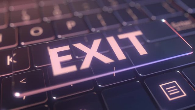 Futuristic computer keyboard and transparent exit message. Conceptual 3D animation