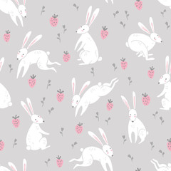 Hand drawn rabbit seamless pattern. Bunnies and strawberries with flowers on a gray background. Cute nursery characters for Easter