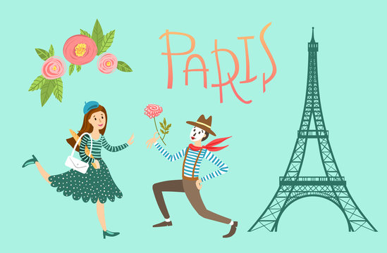 Paris vector illustration. cute picture with The Eiffel Tower, girl and mime.