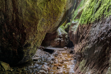 Fototapeta premium Bear Gulch lower cave on a rainy day. Pinnacles National Park, San Benito County, California, USA.