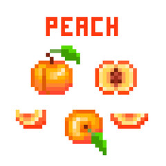 Set of pixel art peach (uncut, cut in half, sliced, top view) icons isolated on white. Collection of 8 bit garden fruit symbols. Old school vintage retro 80s, 90s slot machine/video game graphics