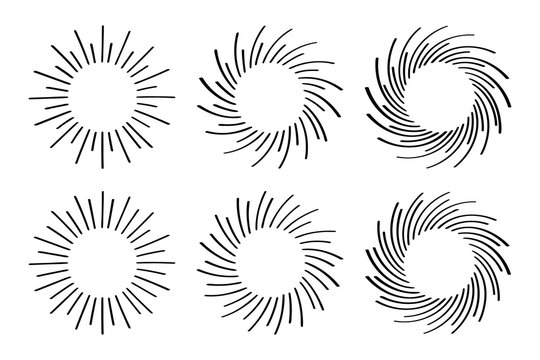 Collection of Hand drawn cartoon water explosion doodle. Swirling rays. Vector illustration