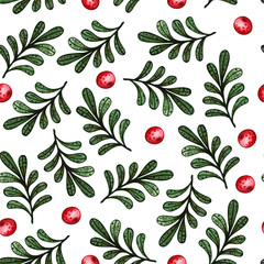 pattern of red cranberry berries and green leaves