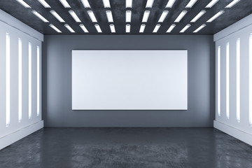 Hall interior with blank billboard on wall