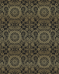 Indian ornament mandala, paisley elephant, lotus and flower. Indian gold seamless pattern on black background