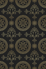 Seamless pattern with indian ornament mandala, lotus and flower in Oriental motifs golden gradient on black backdrop
