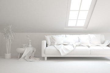 Mock up of stylish room in white color with sofa. Scandinavian interior design. 3D illustration