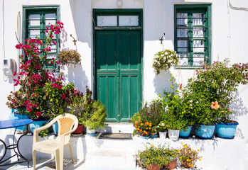 Fototapeta na wymiar Colorful doors, windows and flowers in white mediterranean street, Amorgos, Greece