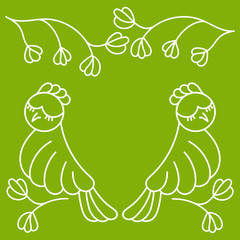 Hand drawn two birds, line art, graphics. Vector illustration on green background. Design for card, logo, cup, bag and other