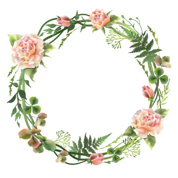 Floral wreath with roses in pastel colors. Vector illustration.
