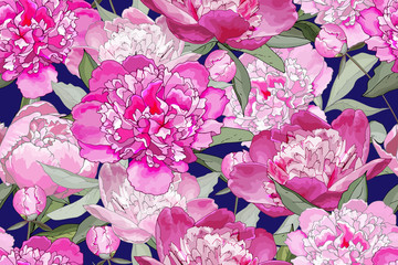 Pink flowers peonies, green leaves on dark blue background. Hand drawn. Floral seamless pattern for your design, textile, wallpapers, print, greeting. Vector stock illustration.