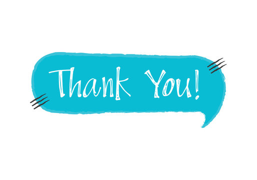 Thank you - blue speech bubble in doodle style. Vector illustration