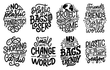 Set with Eco bag prints for cloth design. Retail advertising. Lettering quotes for environment concept. Organic design template. Typography illustration.