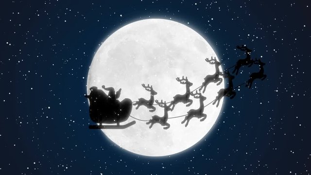 Christmas santa on a sleigh with reindeer and full moon snow 