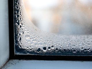 Fototapeta Condensation on window, mold from wet, energy efficiency  issues obraz