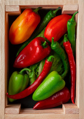 Composition of paprika and spicy peppers inside wooden box