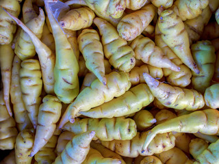Close-up photography of a bunch of mashua tubers, captured at the traditional local market of the colonial town of Villa de Leyva, in the Central Boyacá Province, part of the Colombian Department of B