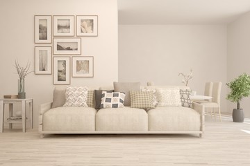 Stylish room in white color with sofa. Scandinavian interior design. 3D illustration