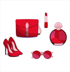 Collection cute vector icon for woman day. Red decor elements,  such as glass,bottle, pomade, perfume, handbag