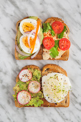 Healthy toast with whole wheat bread, viewed from above.