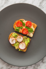 Healthy toast with whole wheat bread, viewed from above.