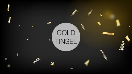 Modern Tinsel Confetti Isolated, Golden Celebration Foil. Cool Rich VIP Christmas, New Year, Birthday Party Holiday Frame. Horizontal Stars Particles Background. Golden Tinsel Confetti Isolated