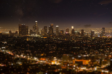 Los Angeles night skyline in LA, California, USA