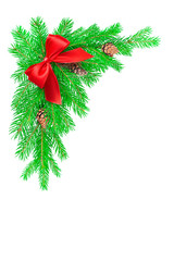 Corner of fluffy green spruce branches with cones and a bow from a satin red ribbon with copy space isolated on white background. Christmas, New Year greeting card or banner border concept.