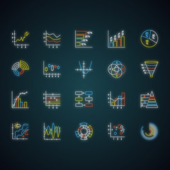 Chart and graph neon light icons set. Pie diagram. Histogram. Area chart. Venn diagram. Pareto curve. Temperature map. Polar watch. Scatter chart. Glowing signs. Vector isolated illustrations - obrazy, fototapety, plakaty