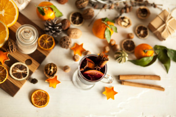 composition with  mulled wine and christmas and new year  decorations/preparations for winter holidays