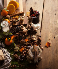 composition with  mulled wine and christmas and new year  decorations/preparations for winter holidays