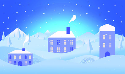 Obraz na płótnie Canvas Happy Winter Holidays and Merry Christmas greetings postcard design with christmas pines and mountains hills on the background. Cozy winter evening village with snowfall vector merry xmas illustration